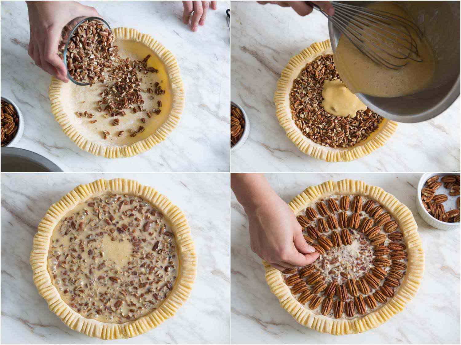 A collage: adding chopped pecan to pie dish, pouring in the filling, and arranging whole pecans in a concentric circle on top of the pie. 