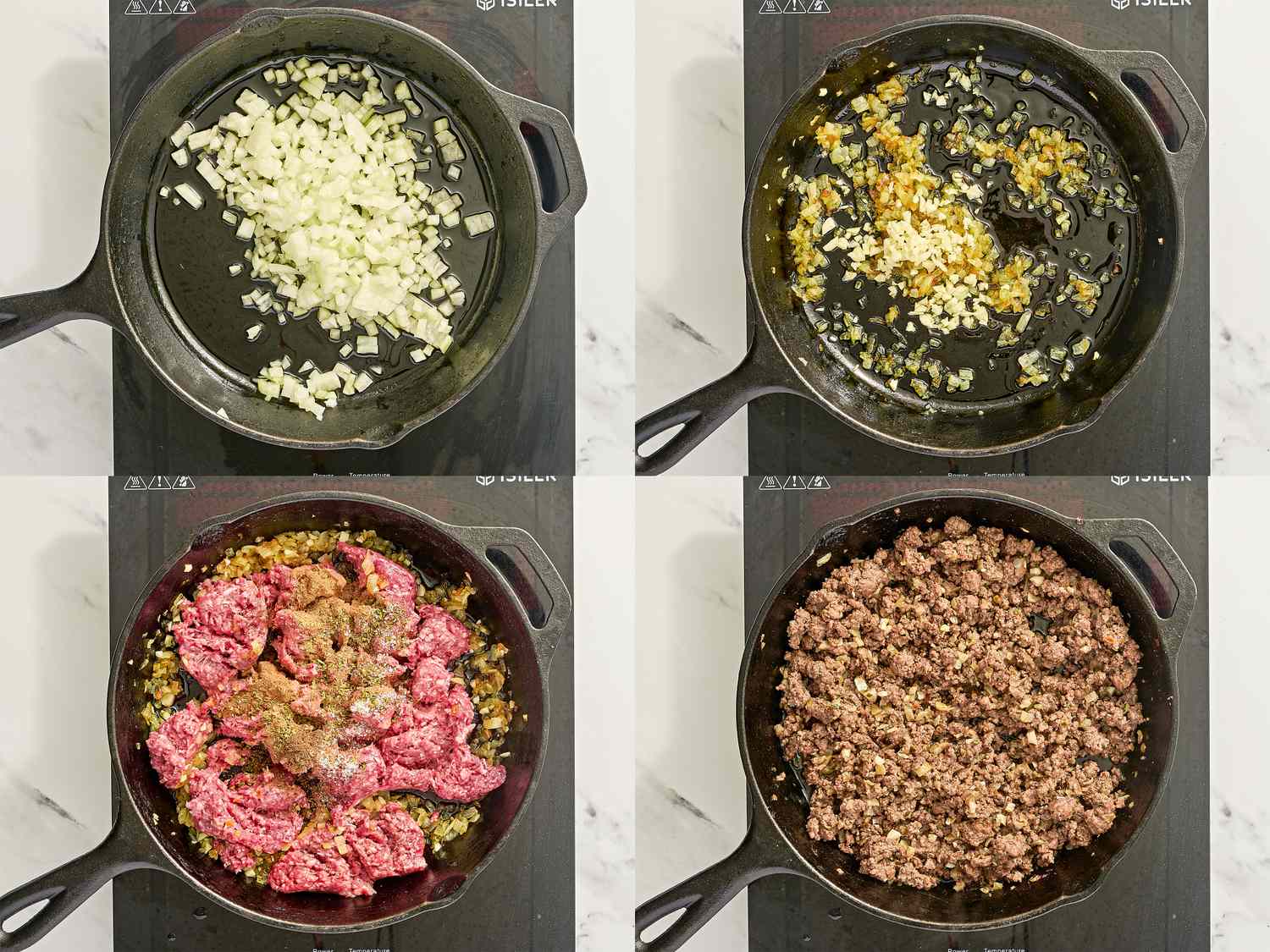 Four images showing steps of cooking ground meat with seasonings in a skillet on a stovetop