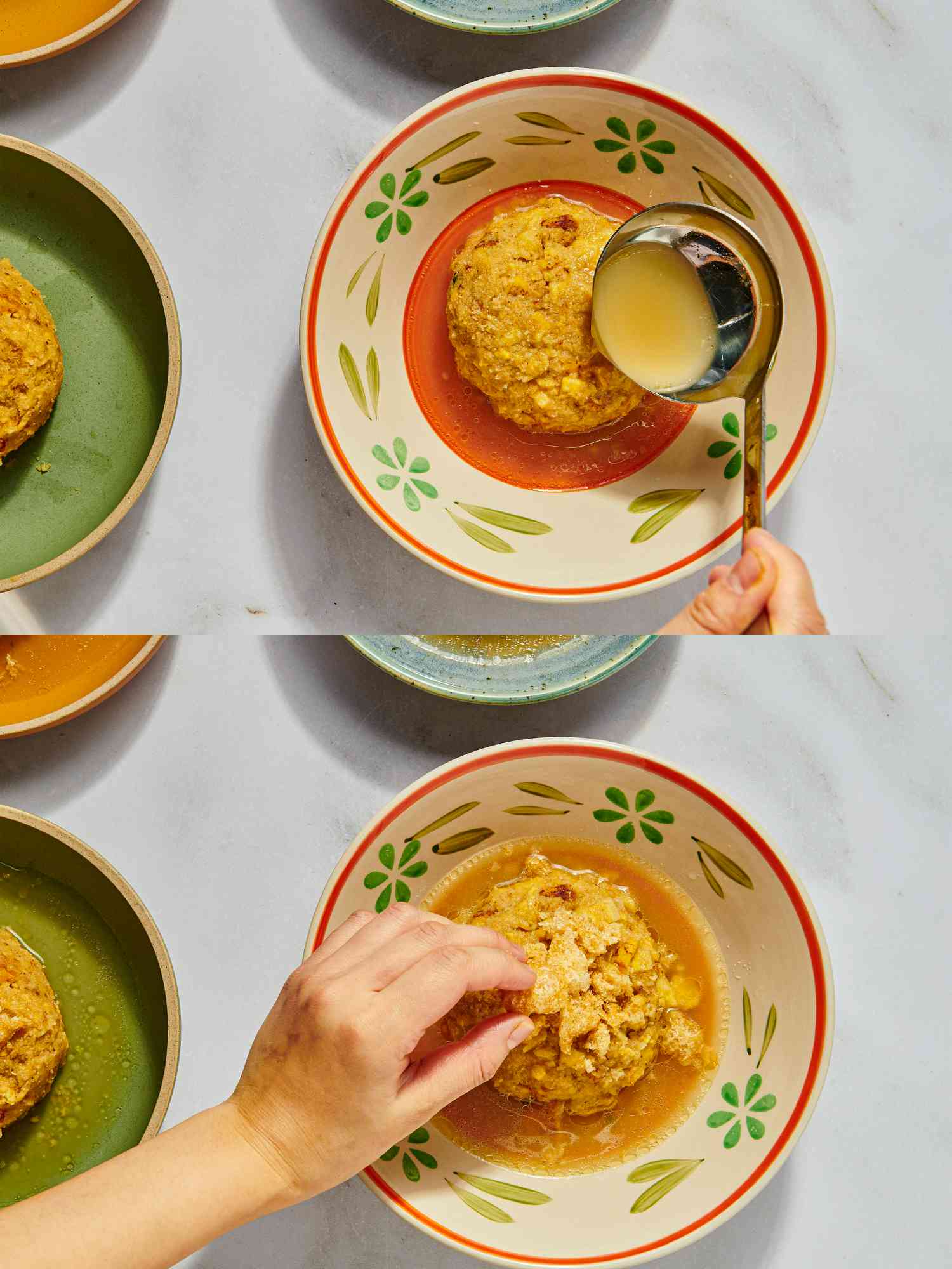 2 image collage. Top: Ladling broth over mofongo on a bone colored flower print dish. Bottom: Hand placing garnish over mofongo on flower print dish