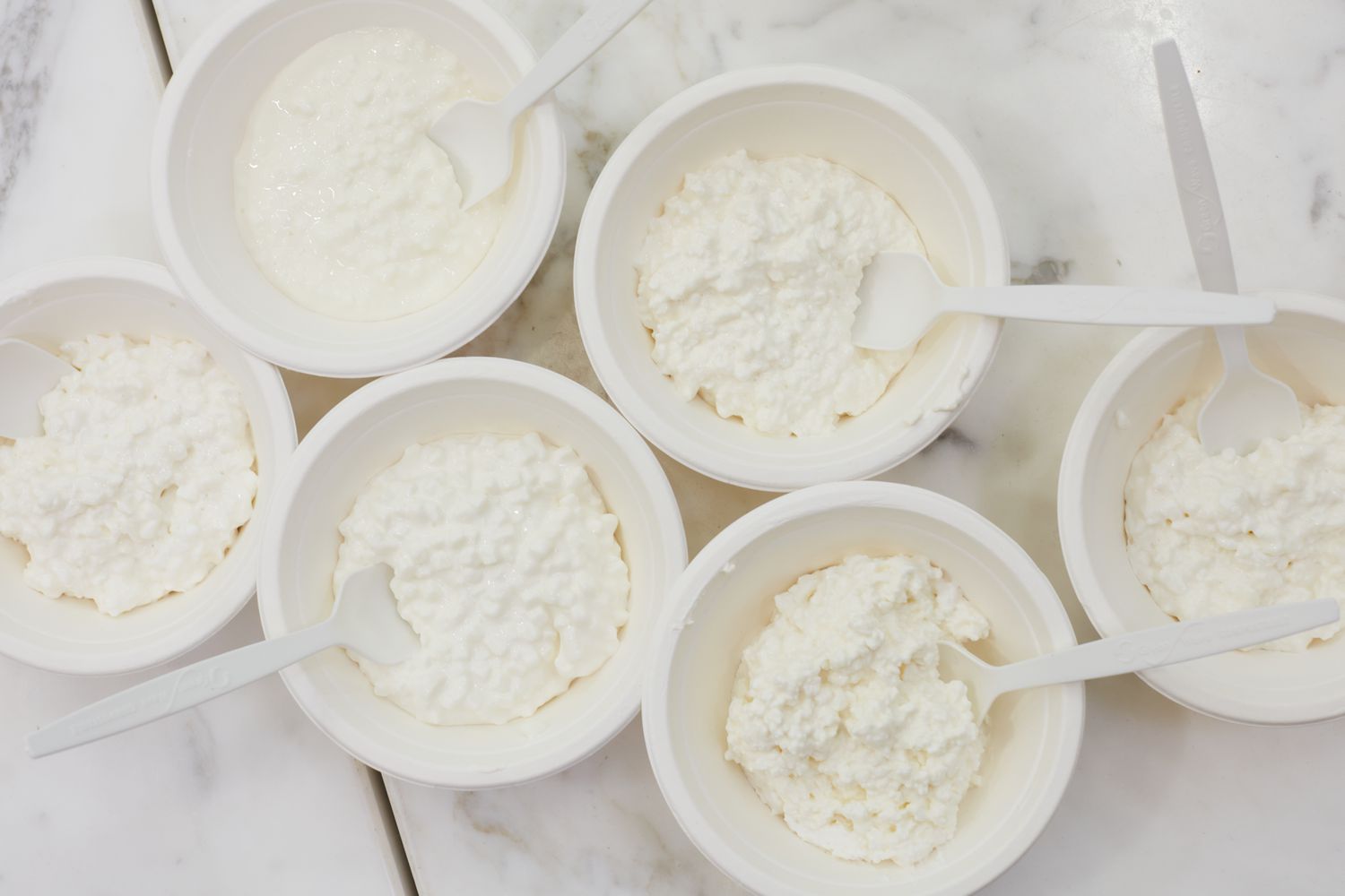 Six cottage cheese samples.