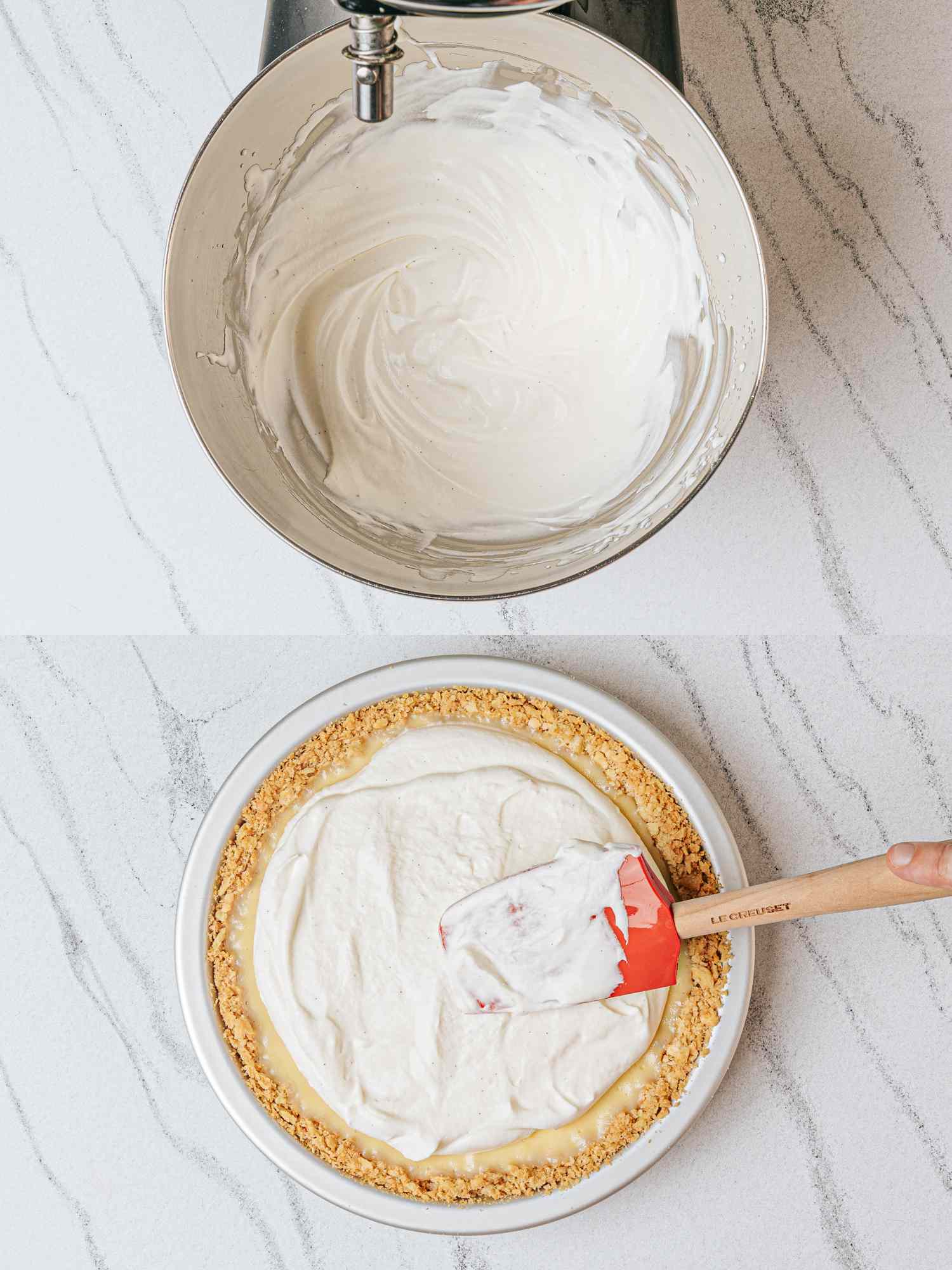 Steps to prepare Atlantic Beach Pie filling showing whipped cream in a mixing bowl and spreading it over a pie crust with a spatula