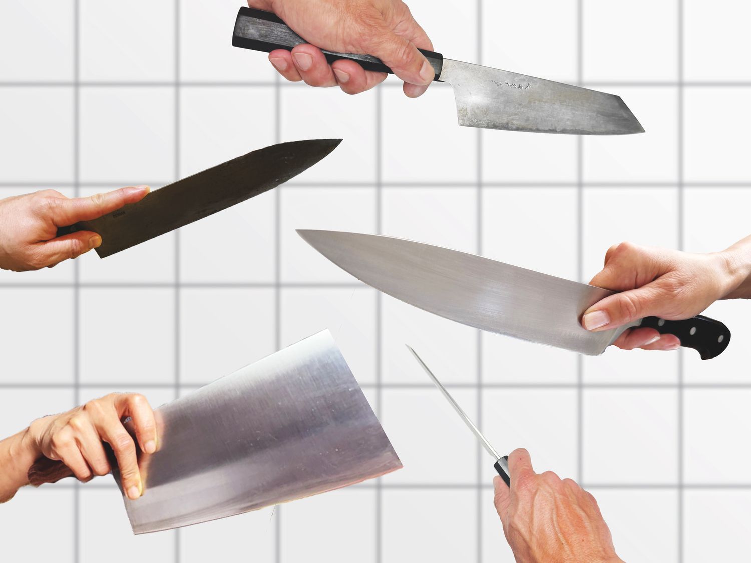 Four hands holding different types of knives