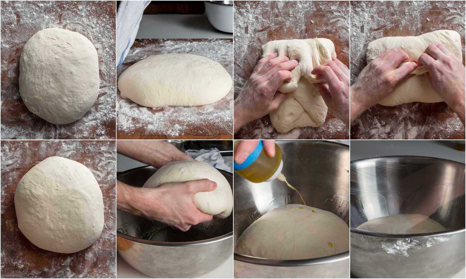 Process shots of second folding of trapizzino dough.