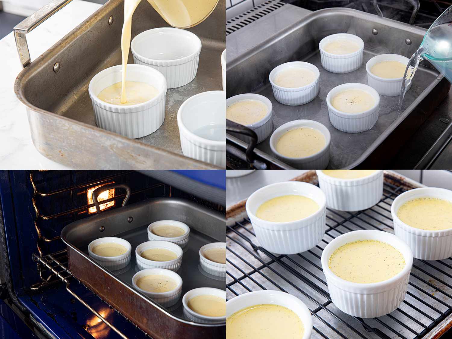 Four image collage of pouring custard mixture into ramekins, creating water bath, placing into oven and ramekins on a cooling rack 