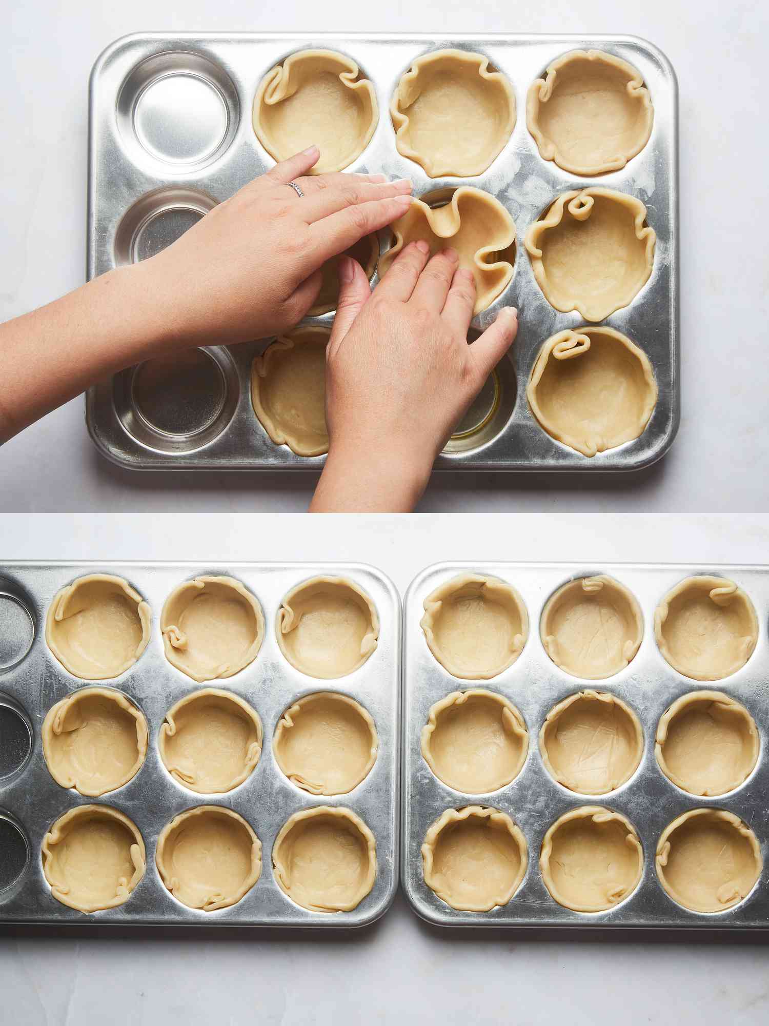 2 image collage: Top: pressing dough rounds into muffin tins with hands. Bottom: 2 tins, side by side with dough pressed into them 