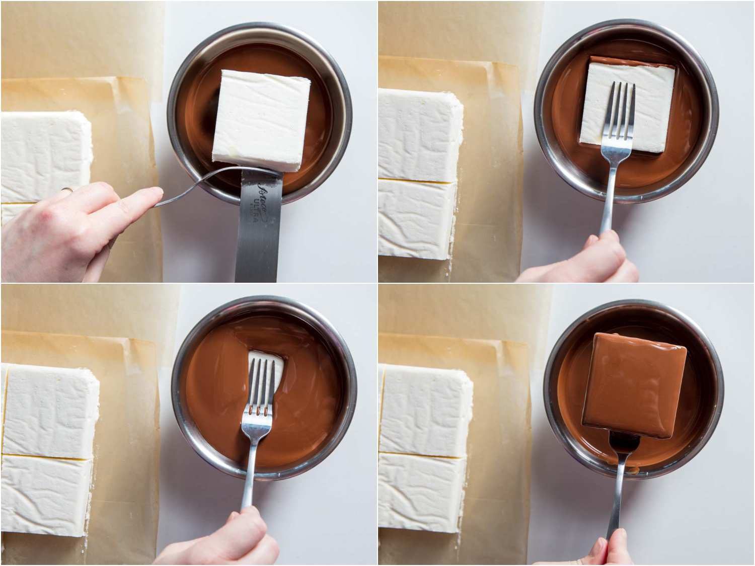 A four-image collage of dipping ice cream squares in melted chocolate for homemade Klondike Bars.
