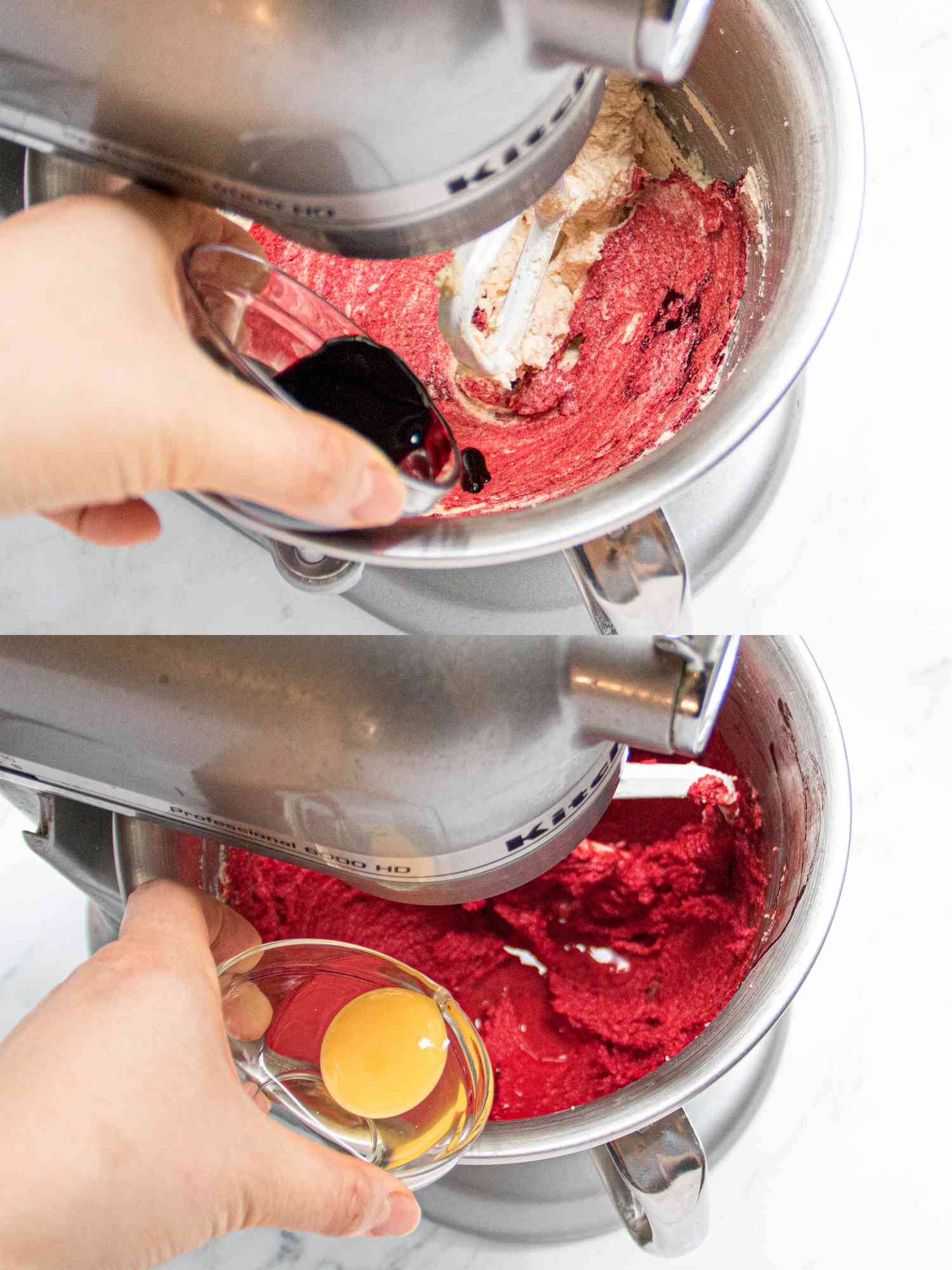 Two image collage of adding dye and egg to stand mixer