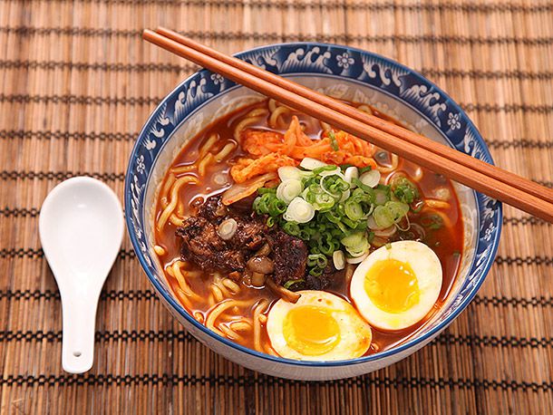 A finished bowl of homemade shin cup-style noodle soup.