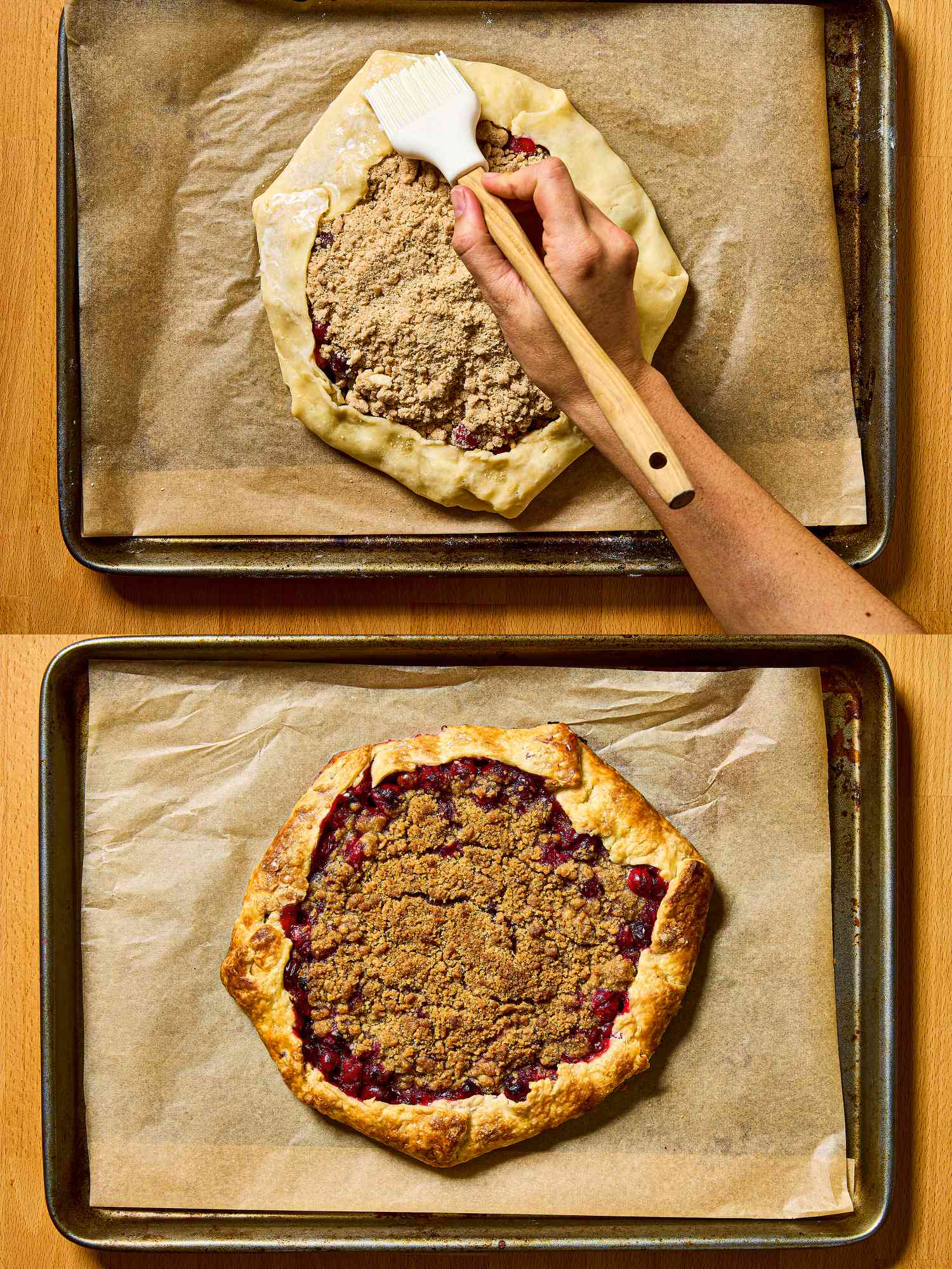 Overhead view of egg washing galette and galette after being baked