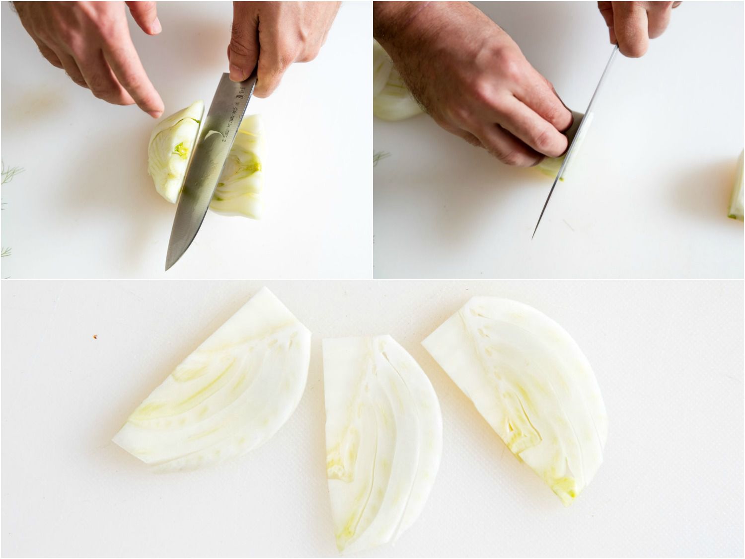 A collage showing how to slice fennel.
