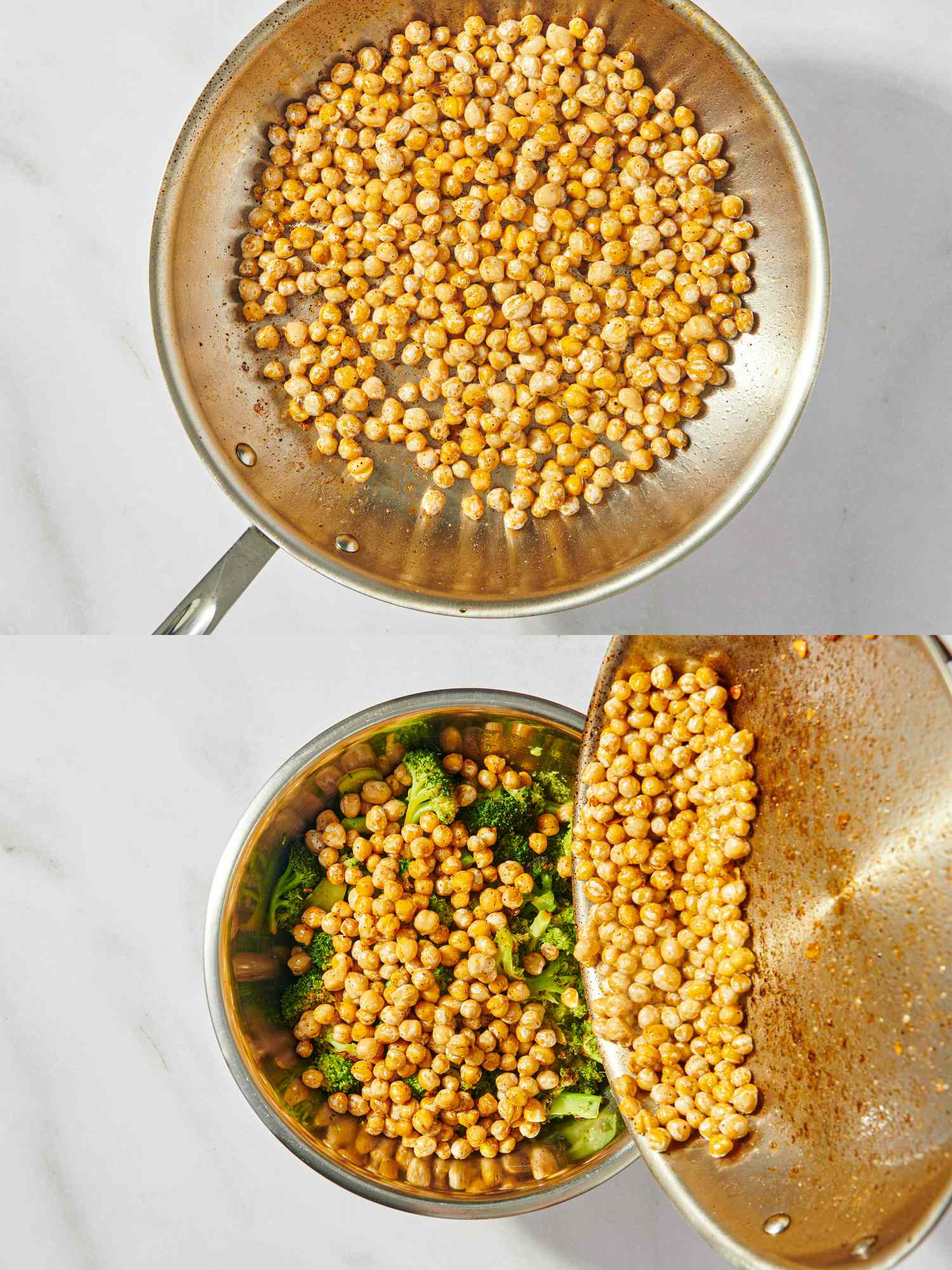 Two images depicting roasted chickpeas in a skillet and being added to a bowl with mixed ingredients including broccoli
