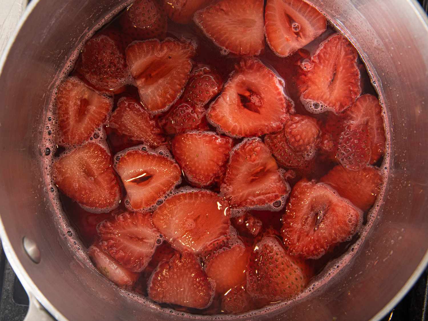 Overhead view of strawberry in gelatin 