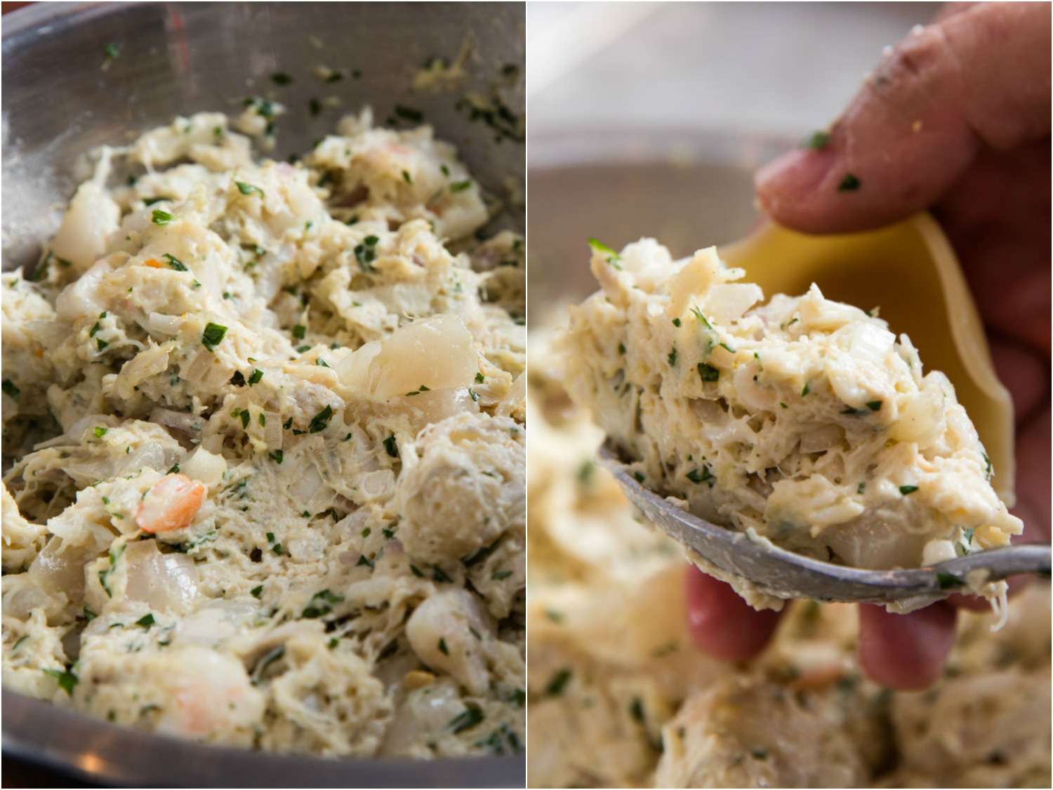 Side by side images showing seafood stuffing and a stuffed pasta shell on a spoon.